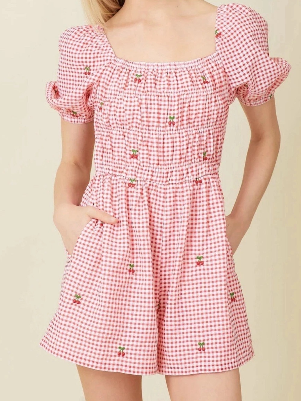 Baevely Gingham Cherry Romper | Red & White | Size M | NWT